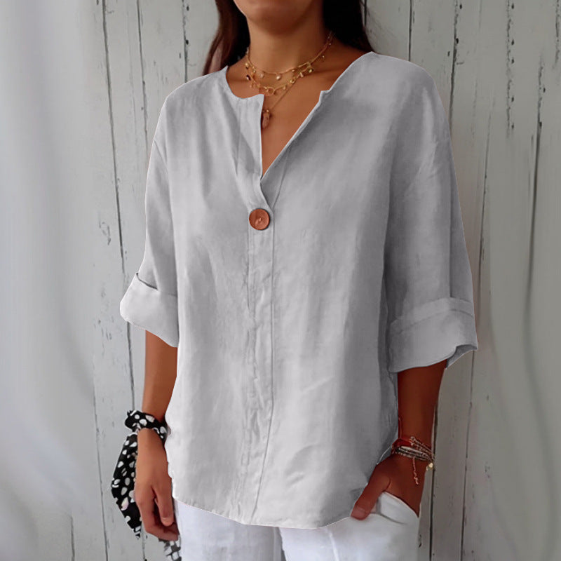 Women's Summer Loose-Fit V-Neck Cotton Linen Button-Up T-Shirt