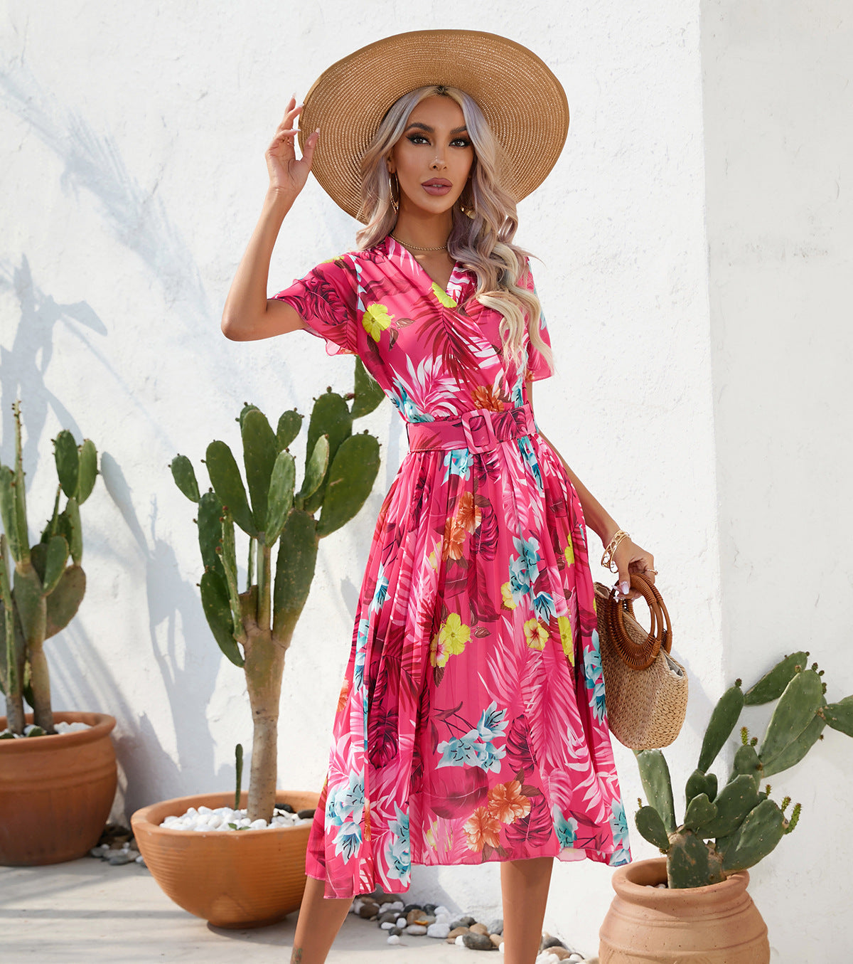 Summer Floral Print Crinkle Midi Short Sleeve Dress