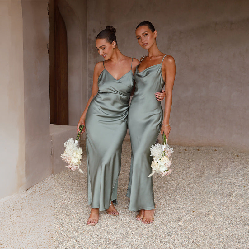 Slim Fit Deep V-Neck Sleeveless Solid Color Dress