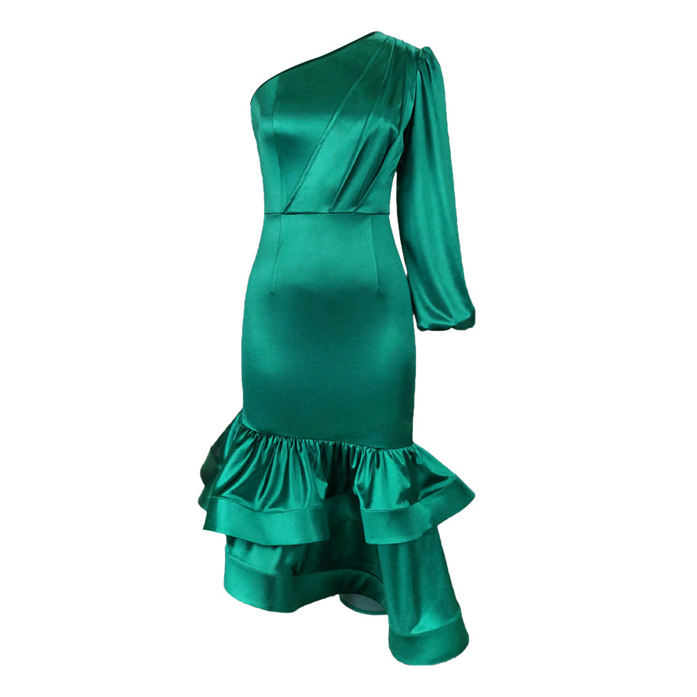 Designed One Shoulder Irregular Green Evening Party Dresses-Dresses-Free Shipping at meselling99