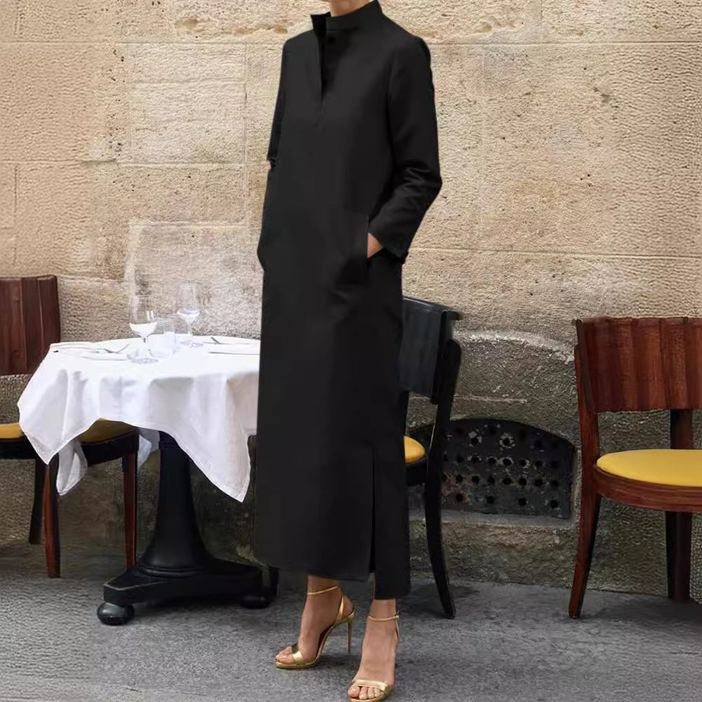 Elegant Solid Color Midi Dress with High Neck, Long Sleeves, and Side Slit