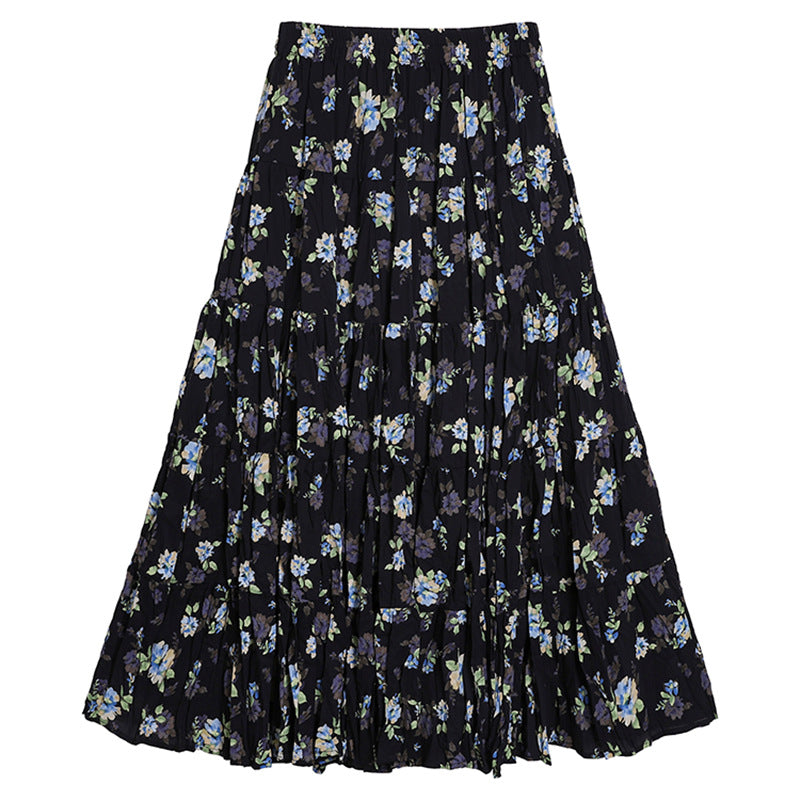 Yuan Su's new summer Wizard of Oz floral pleated skirt, high waist versatile and thin wrinkled A-shaped big swing skirt-Blue flower on black background-one size fits all-Free Shipping Leatheretro