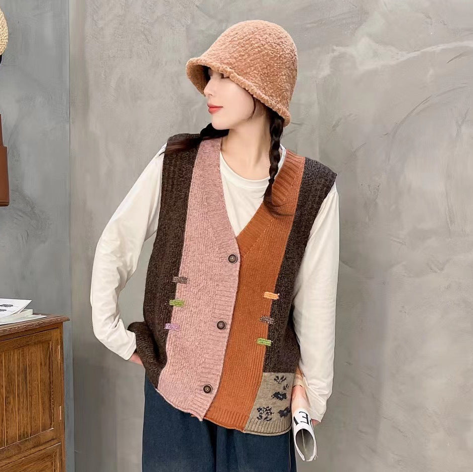 Designed Vintage V Neck Wool Knitted Vest Tops