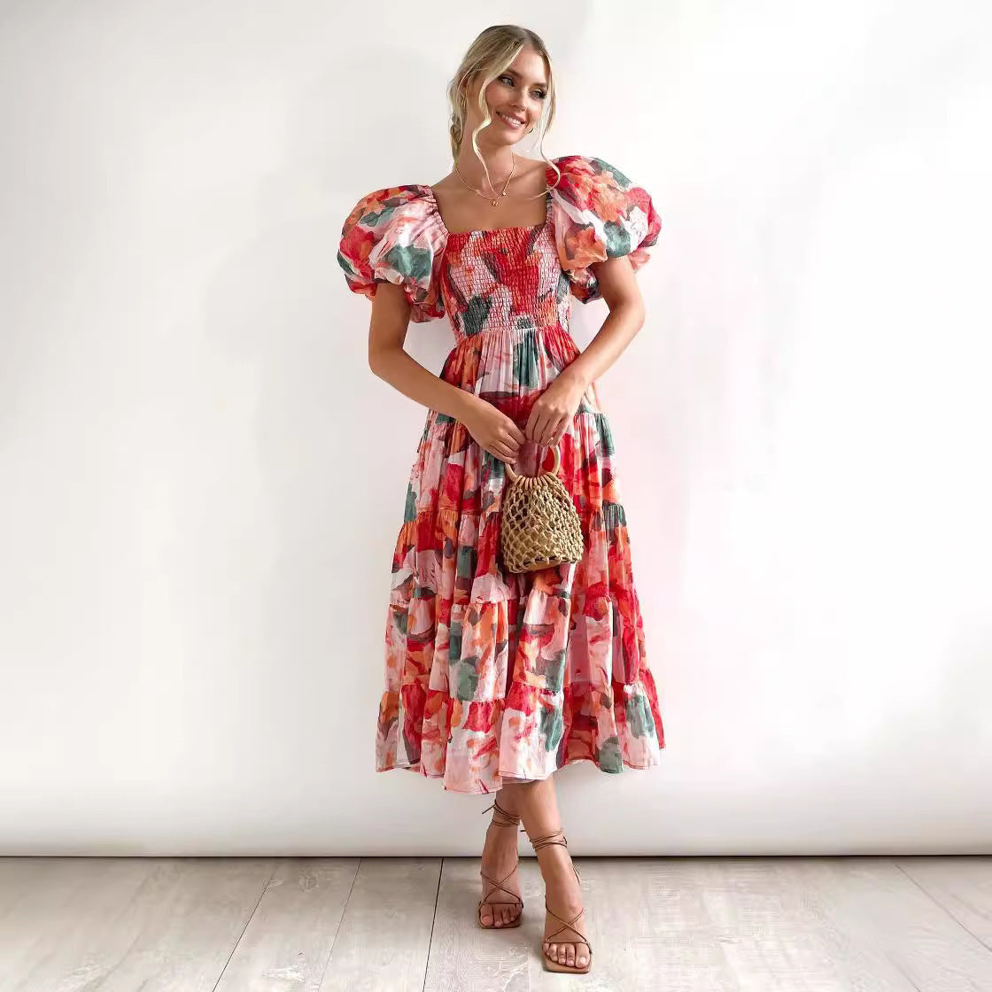 Women's Off-Shoulder Lantern Sleeve High Waist Summer Dress-red-S-Free Shipping Leatheretro