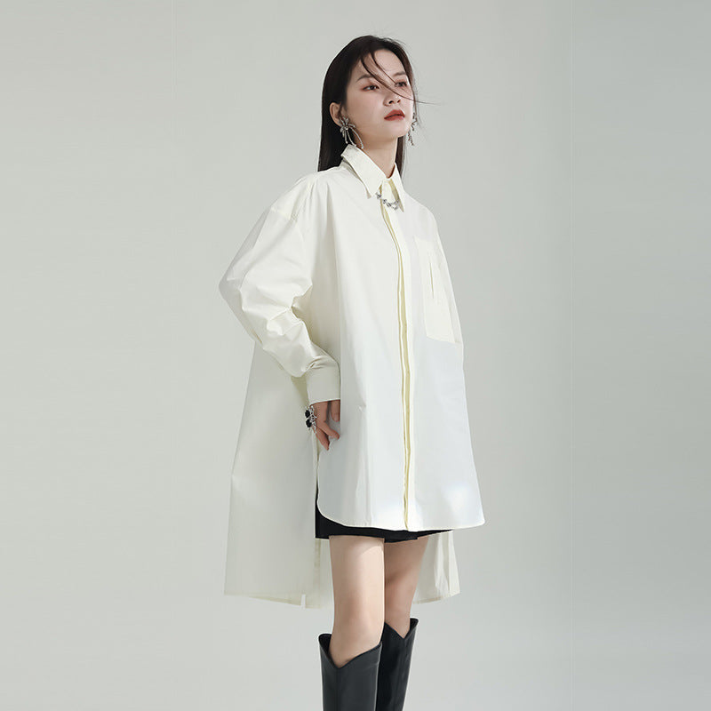 Oversized Asymmetrical Shirt – Trendy Longline Loose Fit Casual Blouse-Apricot-One Size-Free Shipping Leatheretro