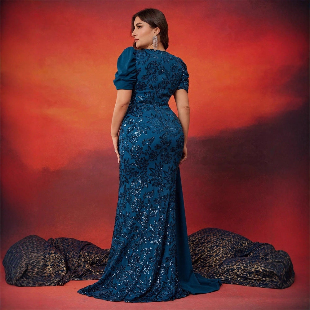 Plus Size Elegant Sequin V-Neck Short Sleeve Cocktail Party Dress for Women