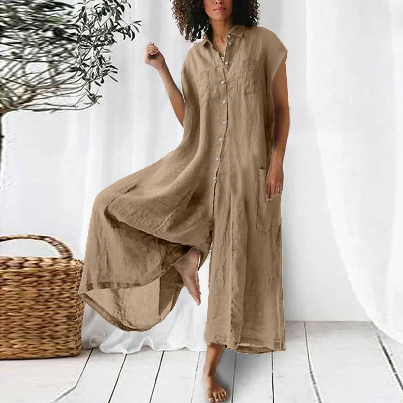 Women's Summer Linen Blend Solid Color Plus Size Jumpsuit