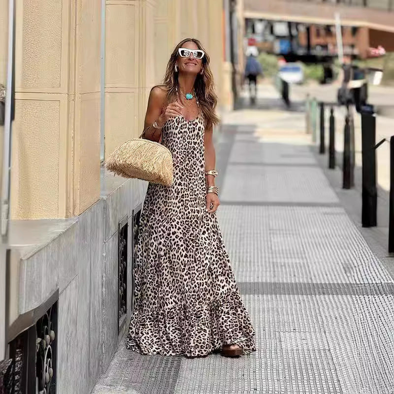 Sexy V Neck Leopard Long Maxi Dresses