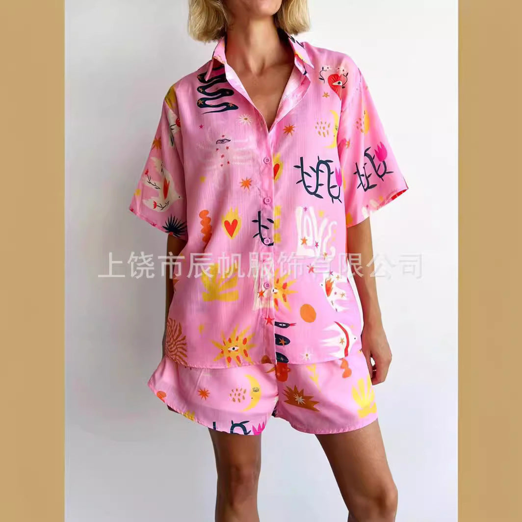 Women's 2-Piece Set – Lapel Short Sleeve Shirt & Shorts Outfit