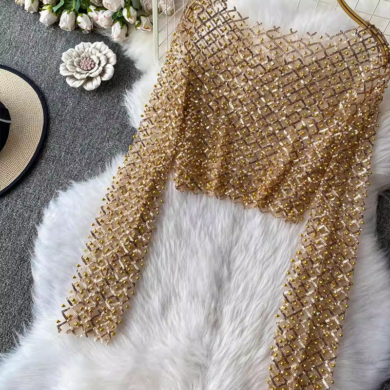Sequin Beaded Round Neck Long Sleeve Cropped Top