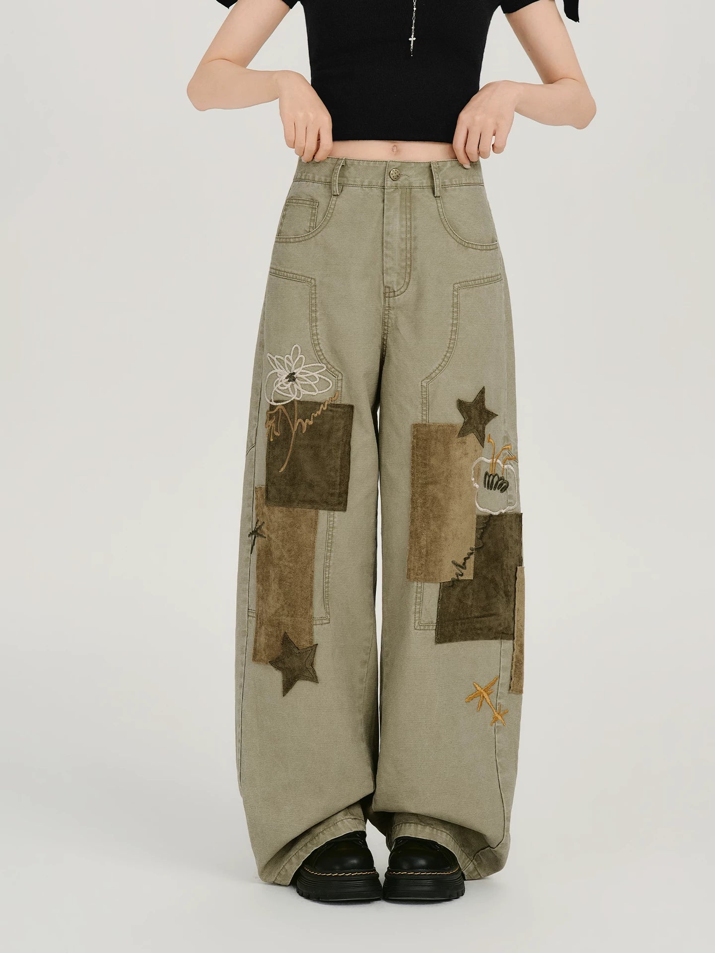 Girlyhao Vintage Applique Embroidery Wide-Leg Pants