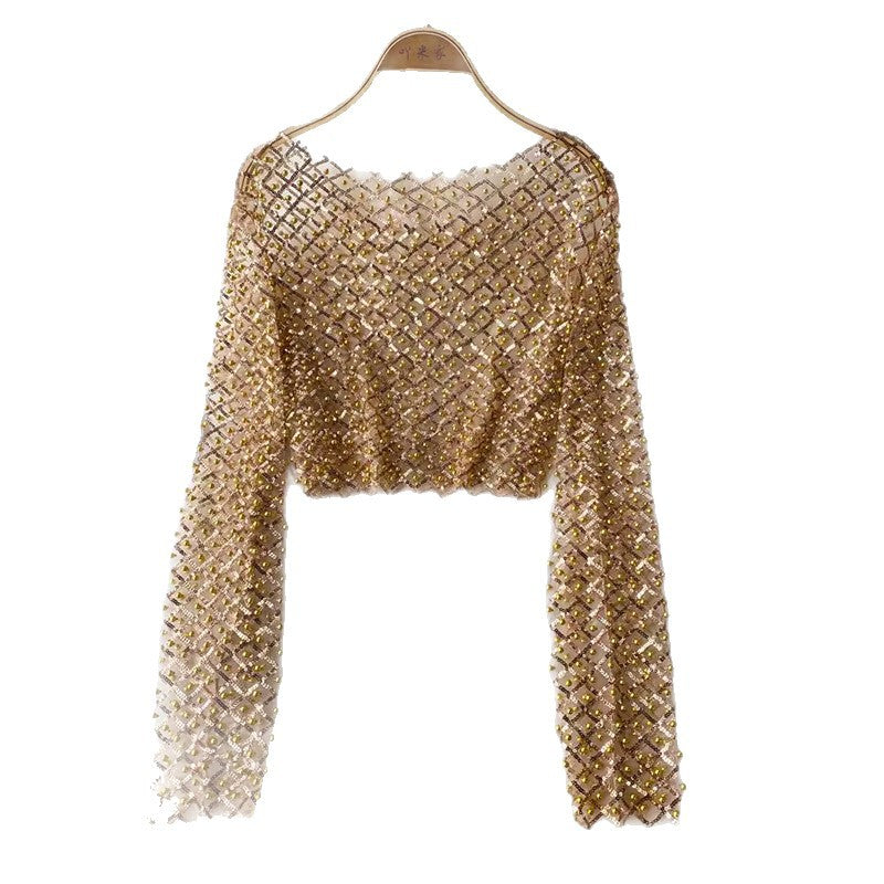 Sequin Beaded Round Neck Long Sleeve Cropped Top
