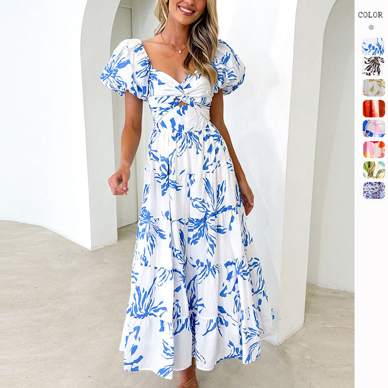 Elegant Floral Print Puff Sleeve Dress