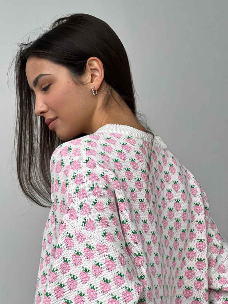 Oversized Strawberry Print Sweater