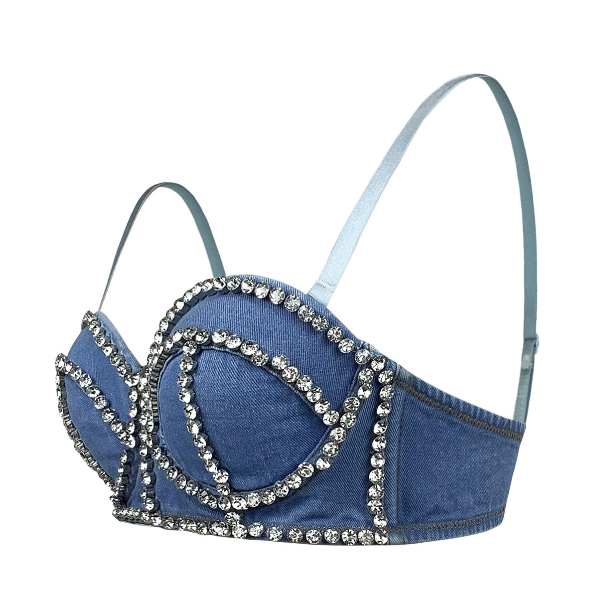 Cowfish Bone Inlaid Diamonds Detachable Straps Back-Closure Denim Corset Top