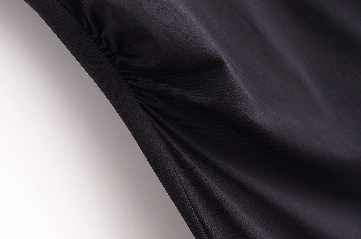 Gold Trim Asymmetrical Neckline Sleeveless Midi Dress