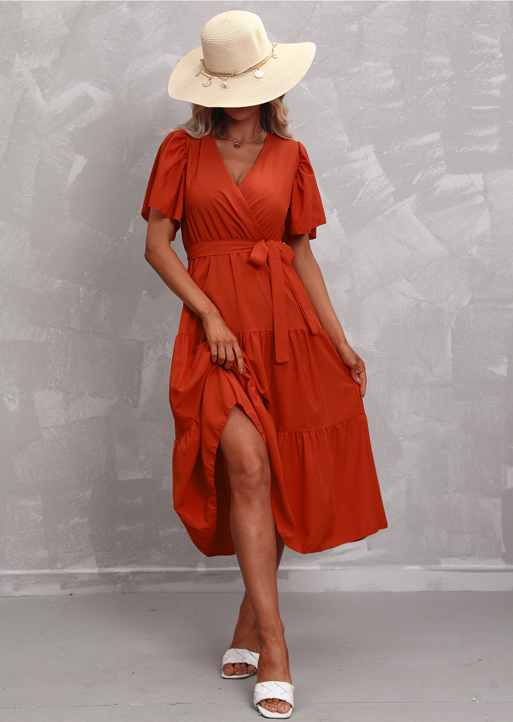 Women's Summer Solid Color V-Neck Short Sleeve Dress