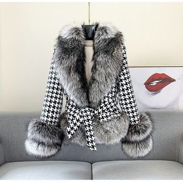 Women‘s Short Houndstooth Eco-friendly Fur Jacket