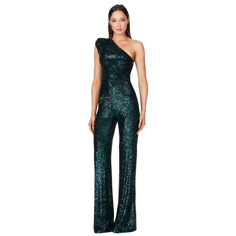 Sexy One Shoulder Sequined Jumpsuits