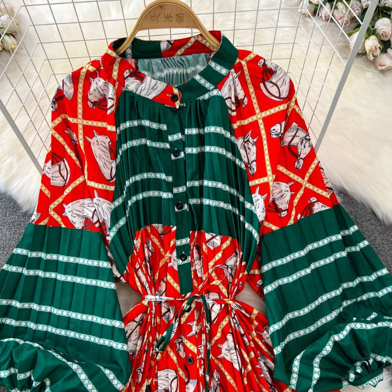 Retro Palace Style Lantern Sleeve Round Neck A-Line Floral Print Button-Down Waist Dress