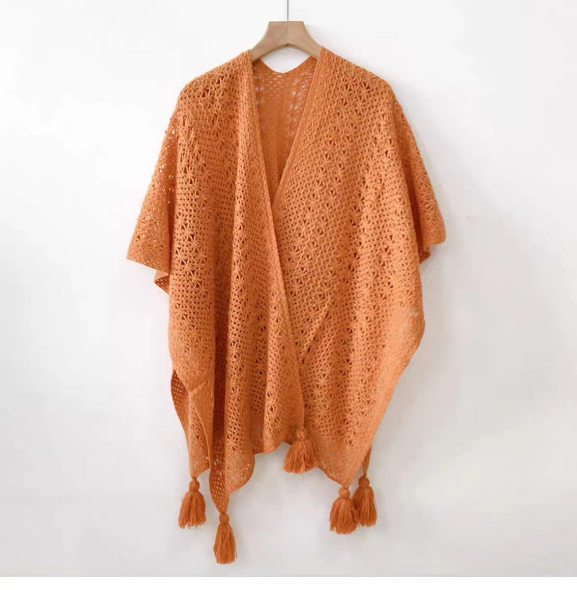 Boho Chic Knit Fringe Shawl – Ethnic Travel Wrap with Slit for Women