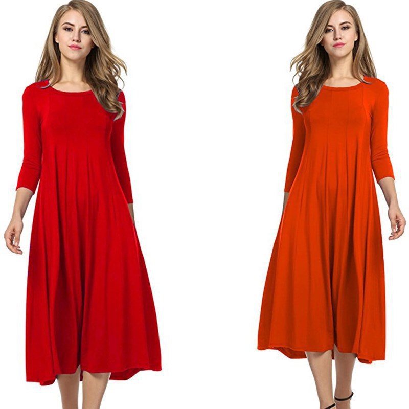 Casual Simple Design Round Neck Midi Dresses