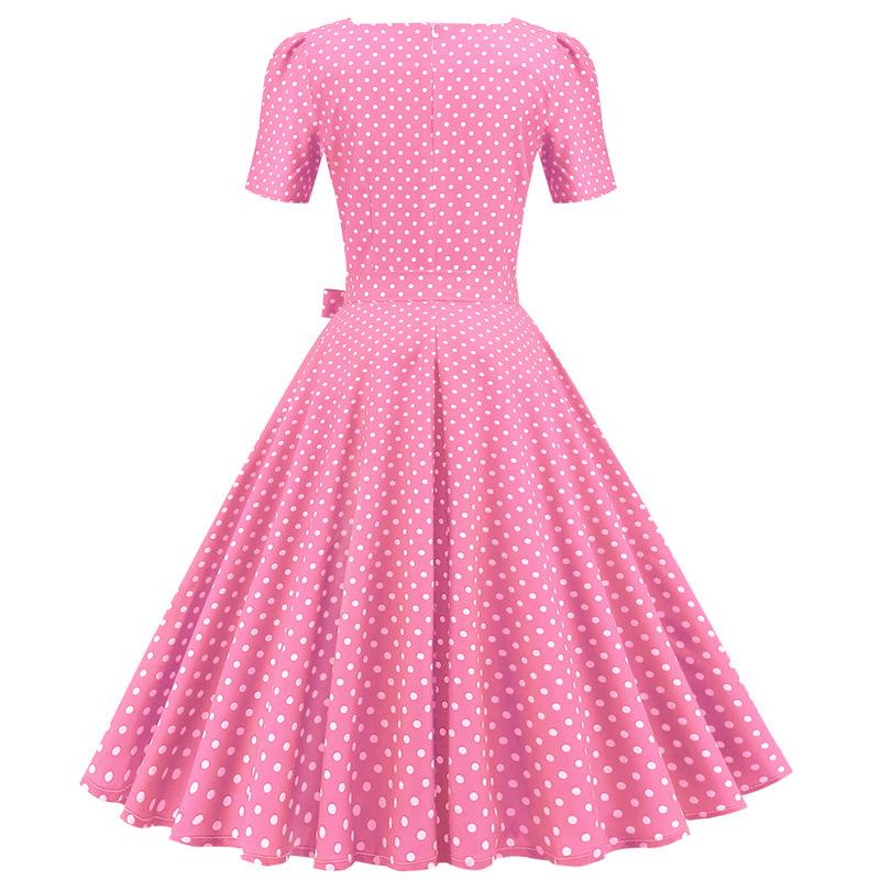 Short Sleeve Square Neckline Vintage Print Dot Dresses-Vintage Dresses-Free Shipping at meselling99