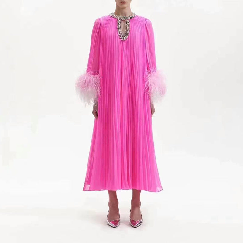 Elegant Round Neck Rhinestone Ostrich Feather Long Sleeve Ruffle Dress
