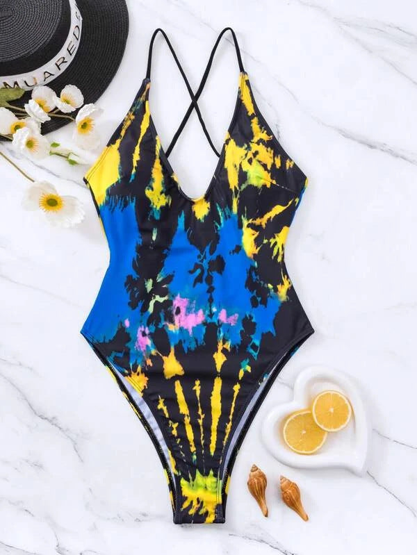 Ombre Tie-Dye Print One-Piece Swimsuit Sexy Bikini for Women