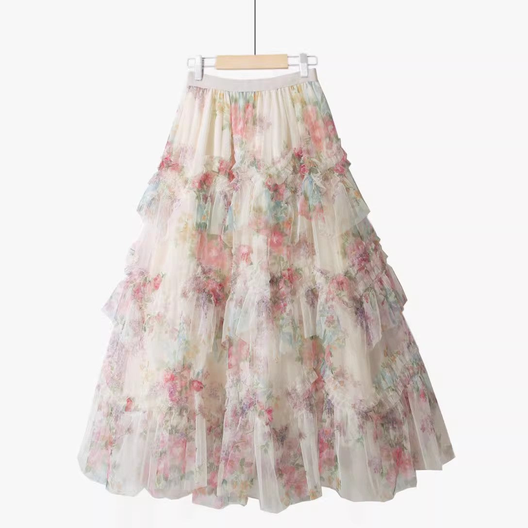 Women's Patchwork Print Mesh Cake Skirt