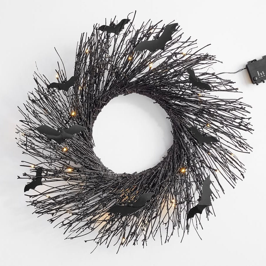 Halloween Black Bat Wreath with LED Lights - Wall Hanging Decor