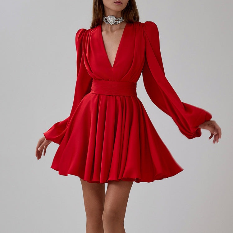 Elegant Red Ruffled Satin Dress