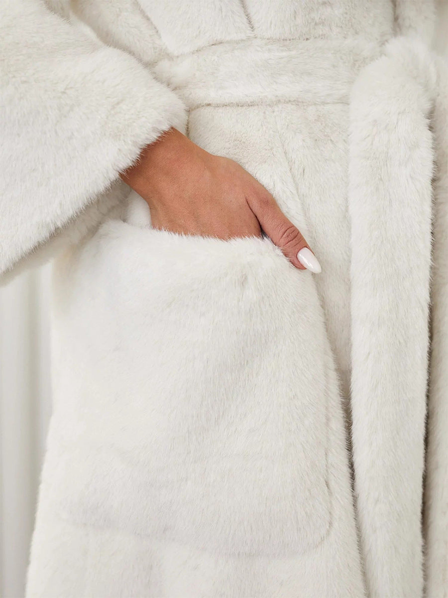Women's Long Plush Fur Coat with Belted Waist & Notched Lapel