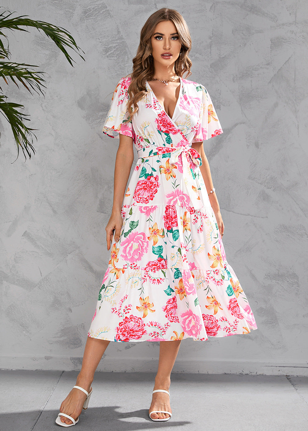 Women's Summer Floral V-Neck Waist-Tie Midi Short Sleeve Dress