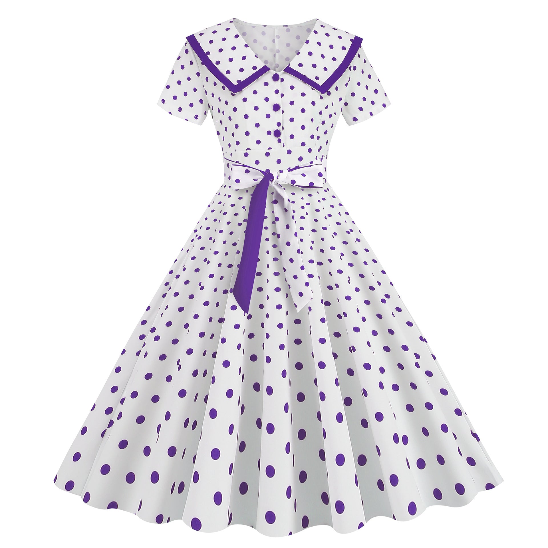 Vintage-Inspired Polka Dot Print Wrap Waist Flared Dress with Belt