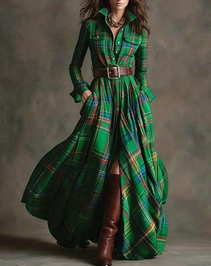 Plus Size French Vintage Plaid Slimming Irregular Hem Dress