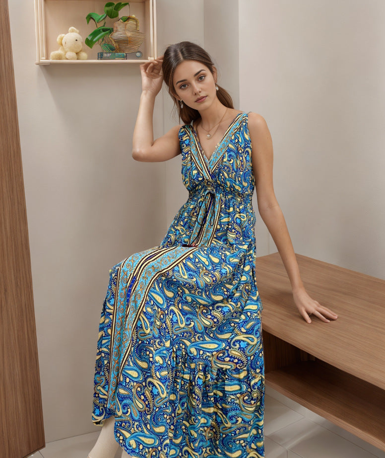 Bohemian Cotton Sleeveless V Neck Long Maxi Dresses