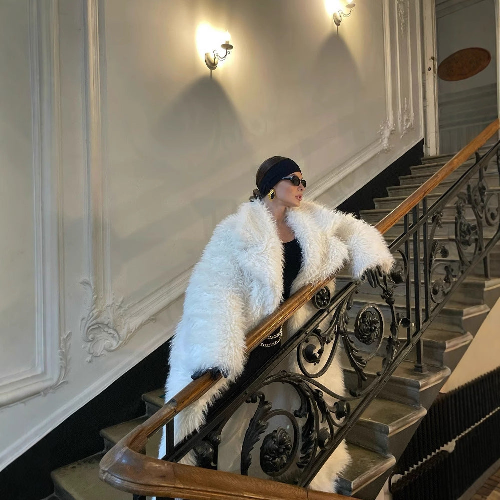 White Knee-Length Faux Fur Coat – Thick & Elegant Toca Eco-Friendly Faux Fur Jacket