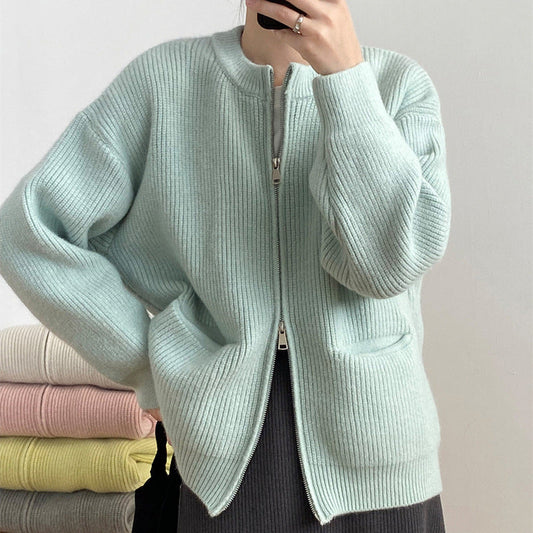 Casual Designed Double Zipper Women Knitted Sweaters