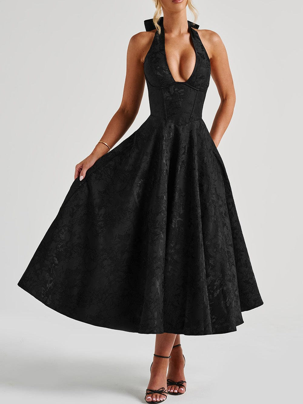 Backless Halter Jacquard Midi Dress