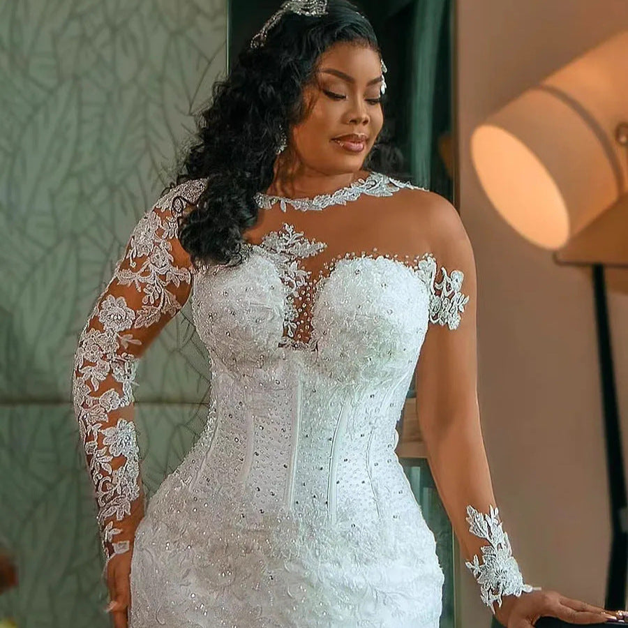 Plus Size Mermaid Wedding Dress with Long Sleeves and Train
