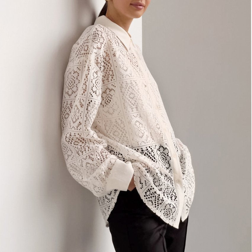 Vintage Lace Blouse – Women's Elegant Long Sleeve Sheer Office Shirt-Ivory-S-Free Shipping Leatheretro