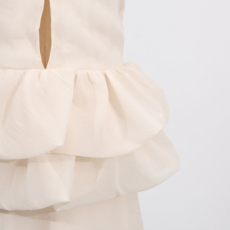 Elegant High-Neck Sleeveless Summer Dress with Waist Ruffle Detail