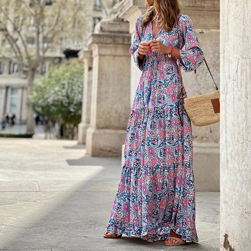 Bohemian V-Neck Long Sleeve Midi Dress – Fall Fashion Dress