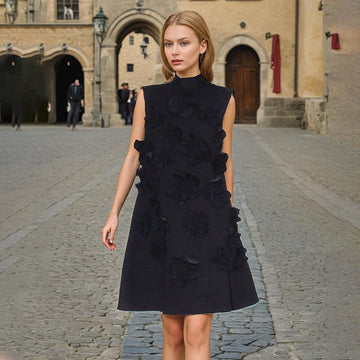 Retro Summer Stand Collar, Sleeveless Dresses with 3D Floral Details
