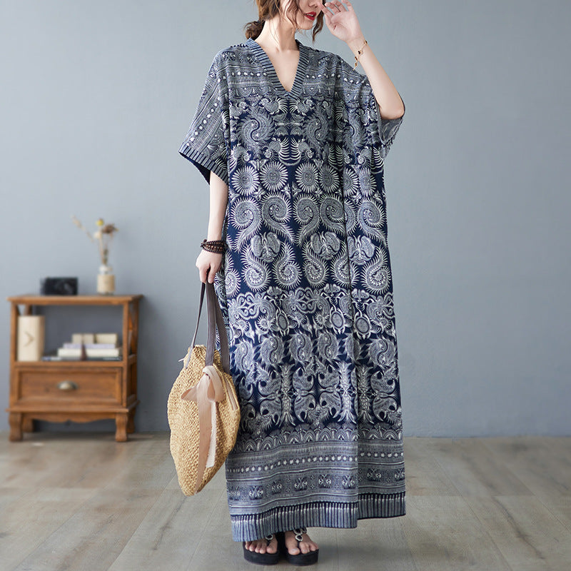 Vintage Linen Summer Holiday Long Cozy Dresses-Dresses-Blue-One Size-Free Shipping at meselling99