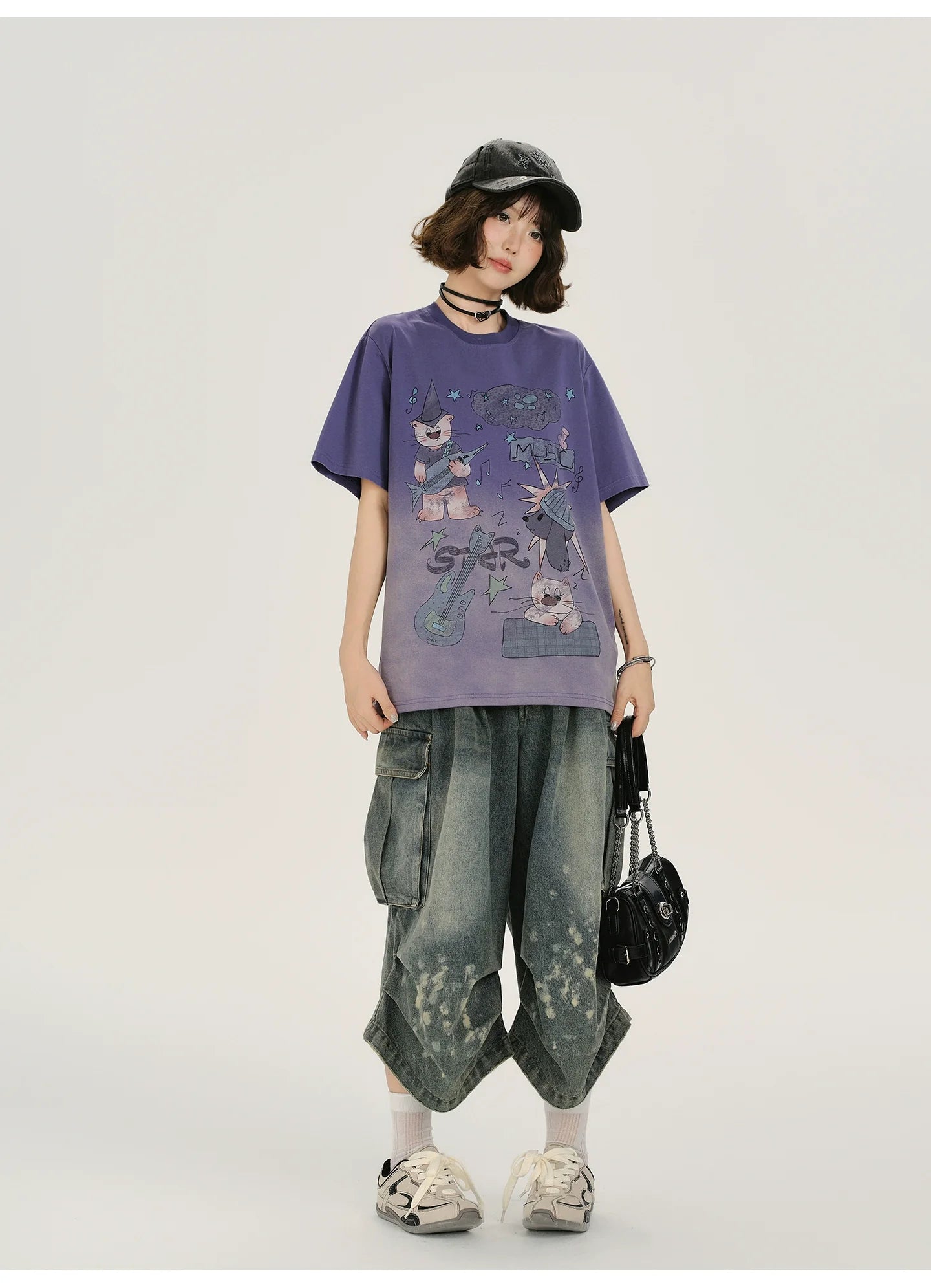 Girlyhalo Vintage Washed Purple Gradient Short Sleeve T-Shirt