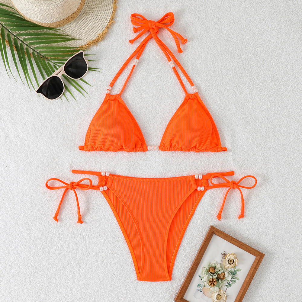 Pearl Strap Hollow-Out Bikini Set – Sexy Three-Piece Women's Swimwear