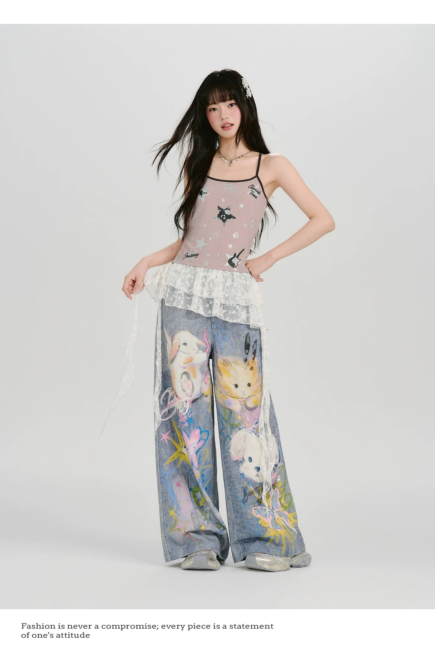 GirlyHao Vintage Tie-Dye Cartoon Print Wide Leg Jeans