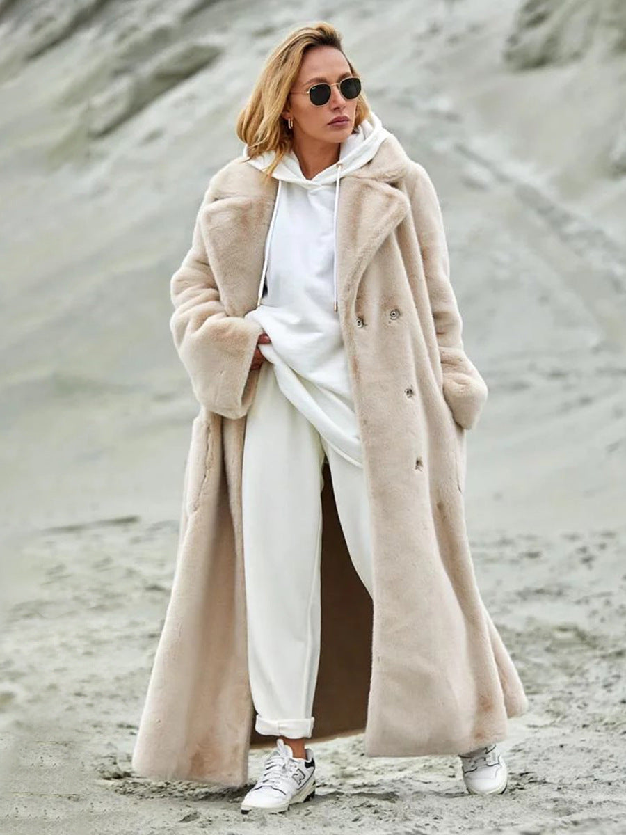 Women's Long Plush Fur Coat with Belted Waist & Notched Lapel